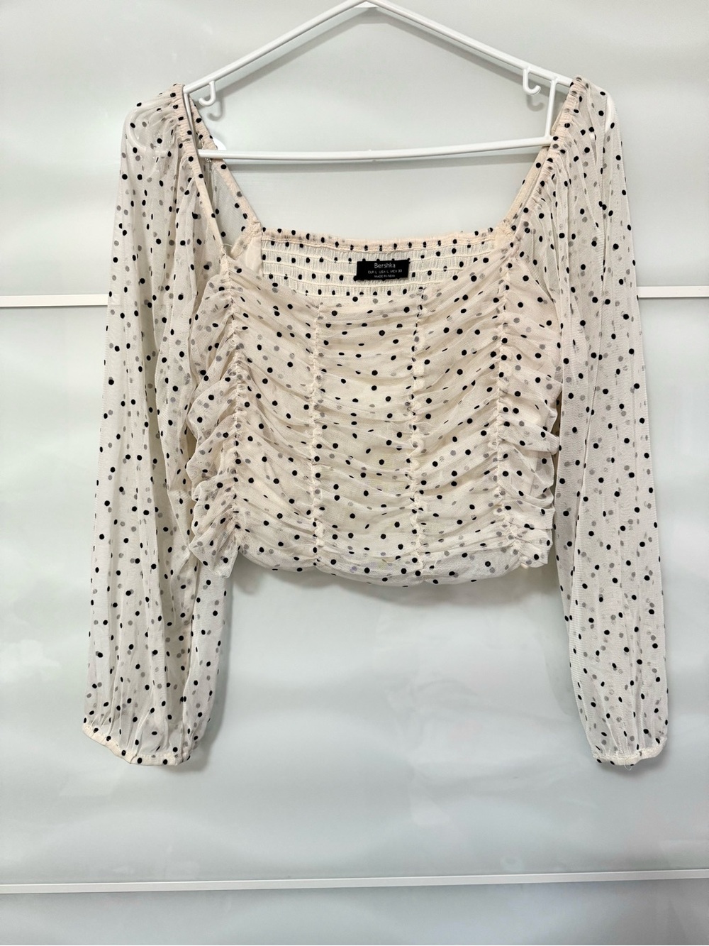 Swiss dot mesh tulle top corset ruched crop puff princess blouse L Cream white